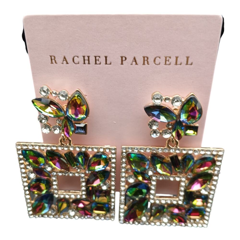 Rachel Parcell Statement Square Drop Earrings Multi-Color Crystal Rhinestone - Picture 2 of 5